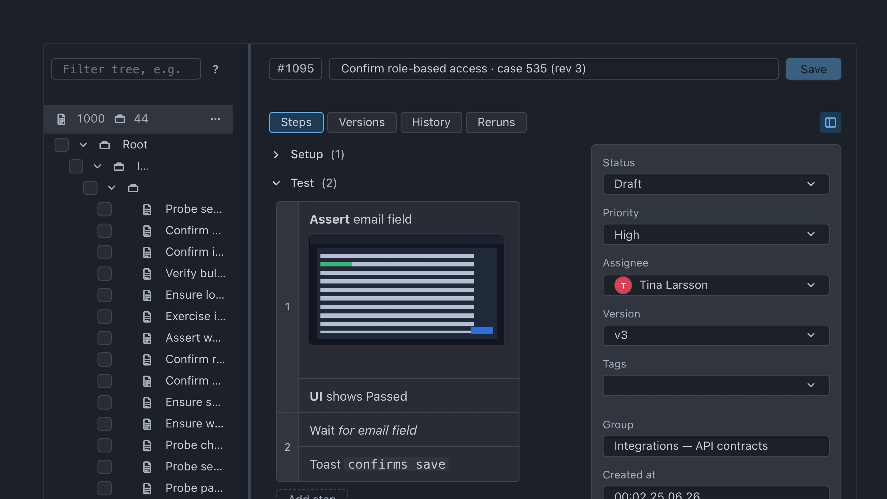 Test case card with Steps tab and sidebar metadata