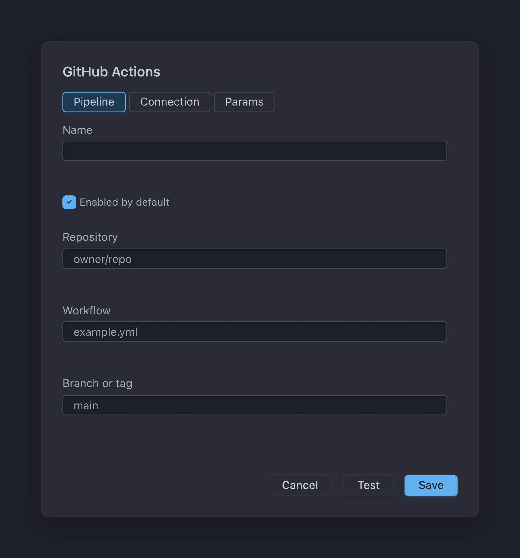 GitHub Actions पाइपलाइन जोड़ने का मॉडल — पाइपलाइन, कनेक्शन, पैरामीटर टैब