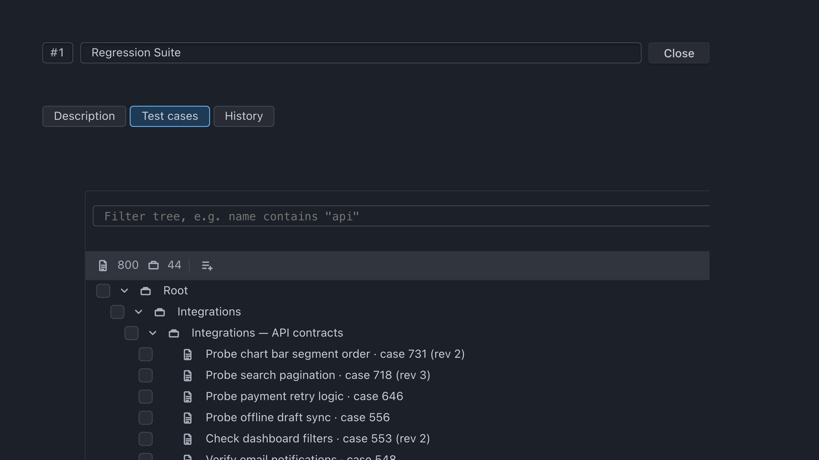 Test plan with Test cases and History tabs