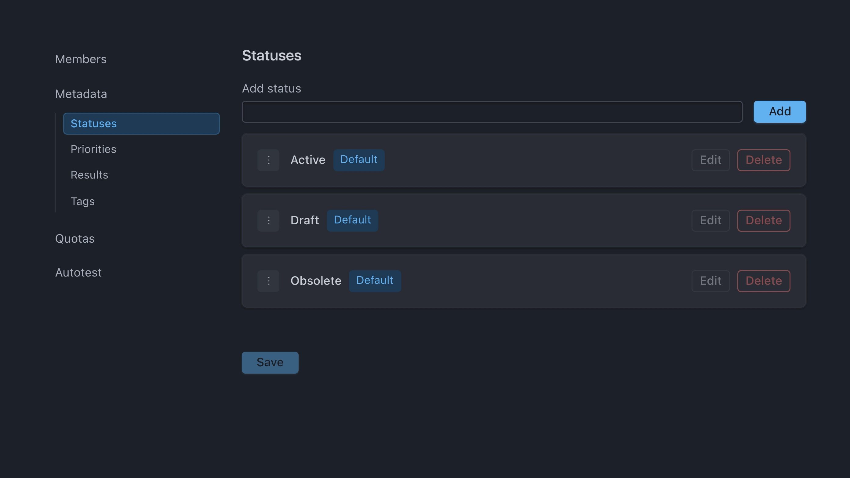 Project settings Metadata Statuses with section nav