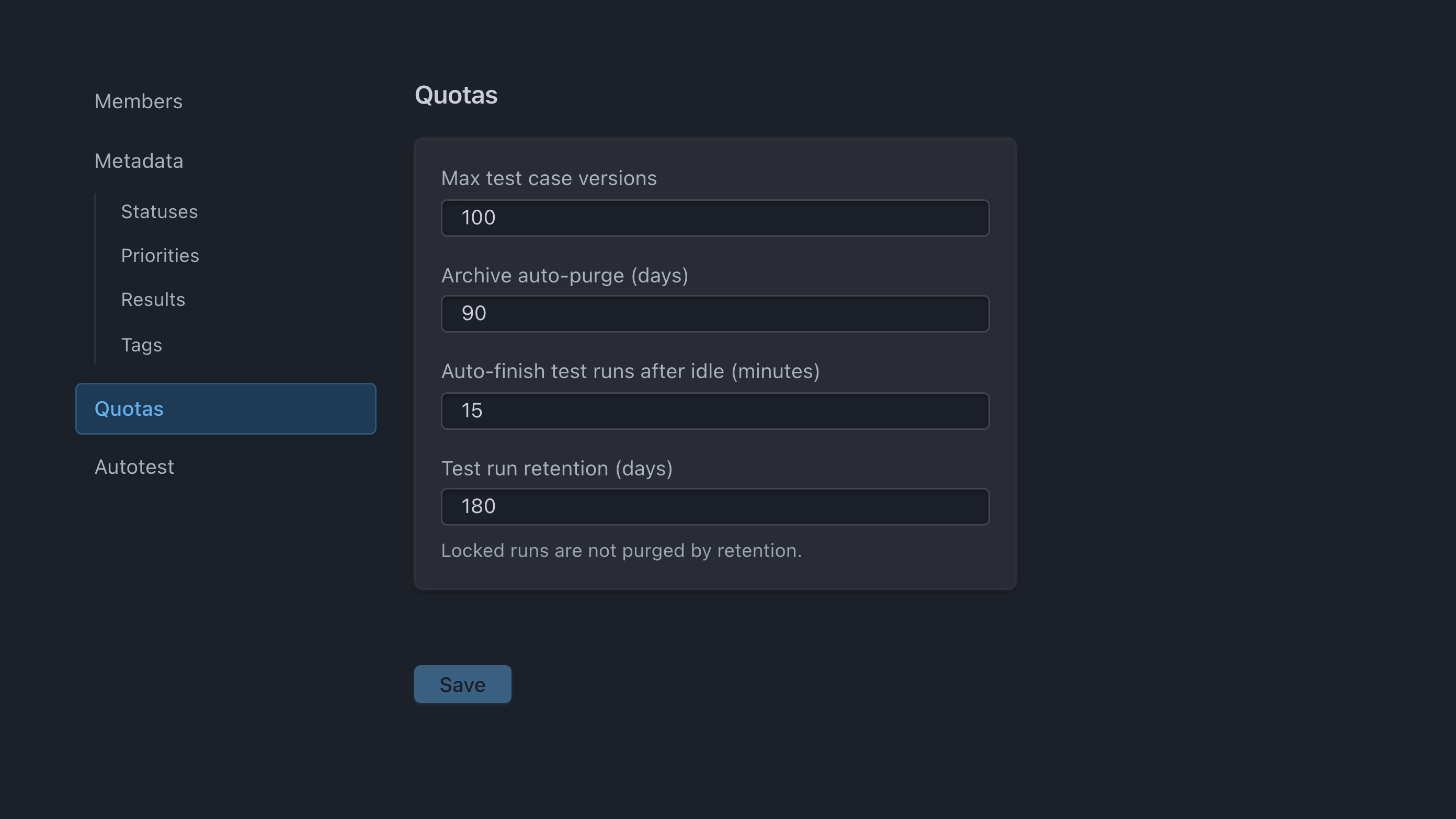 Project settings Quotas with retention fields