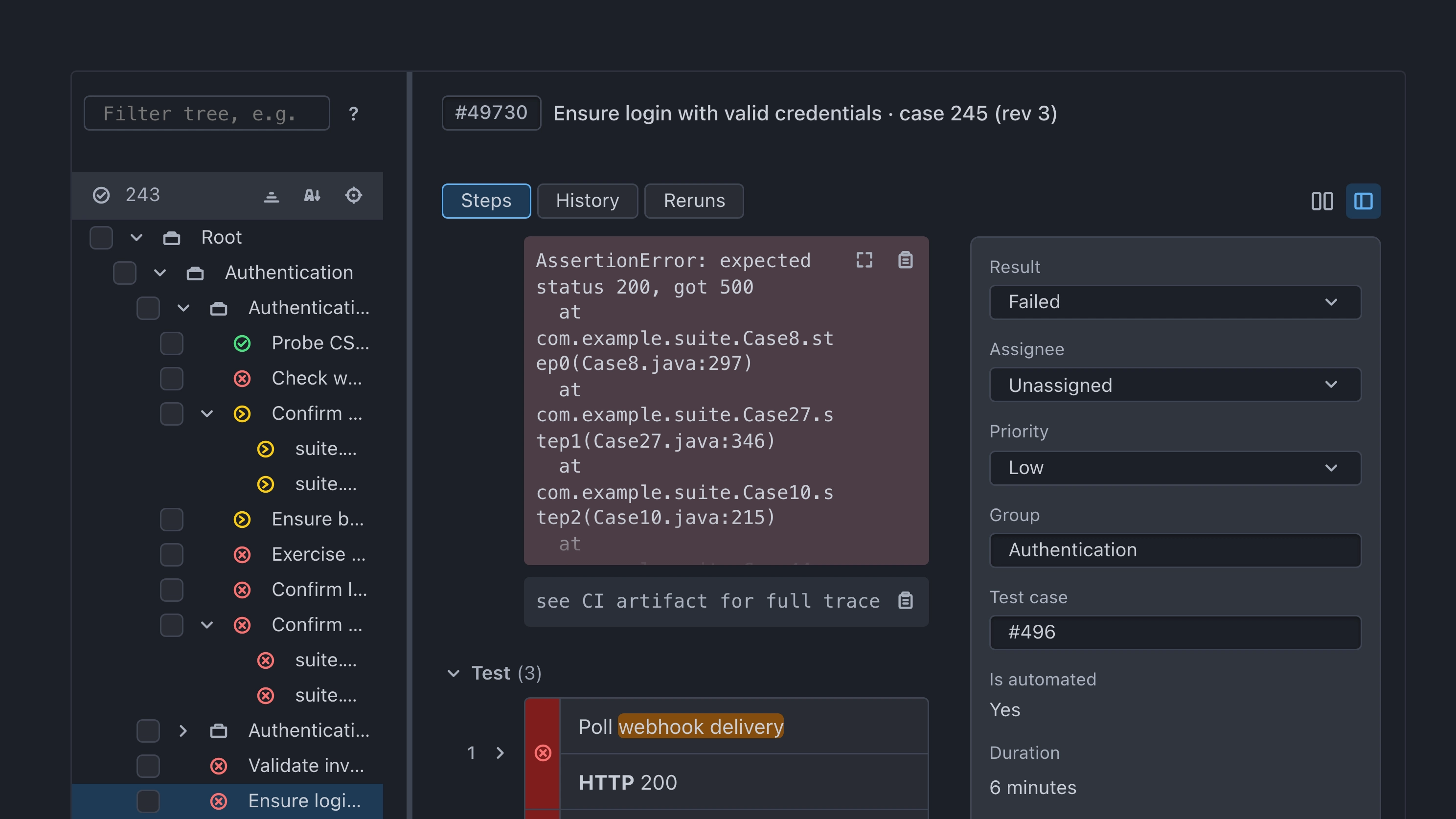 Test result card with Steps tab and sidebar