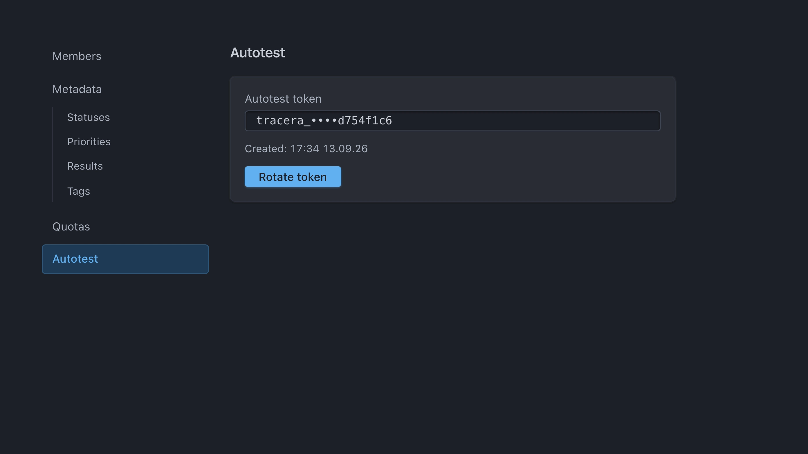 Project settings Autotest token